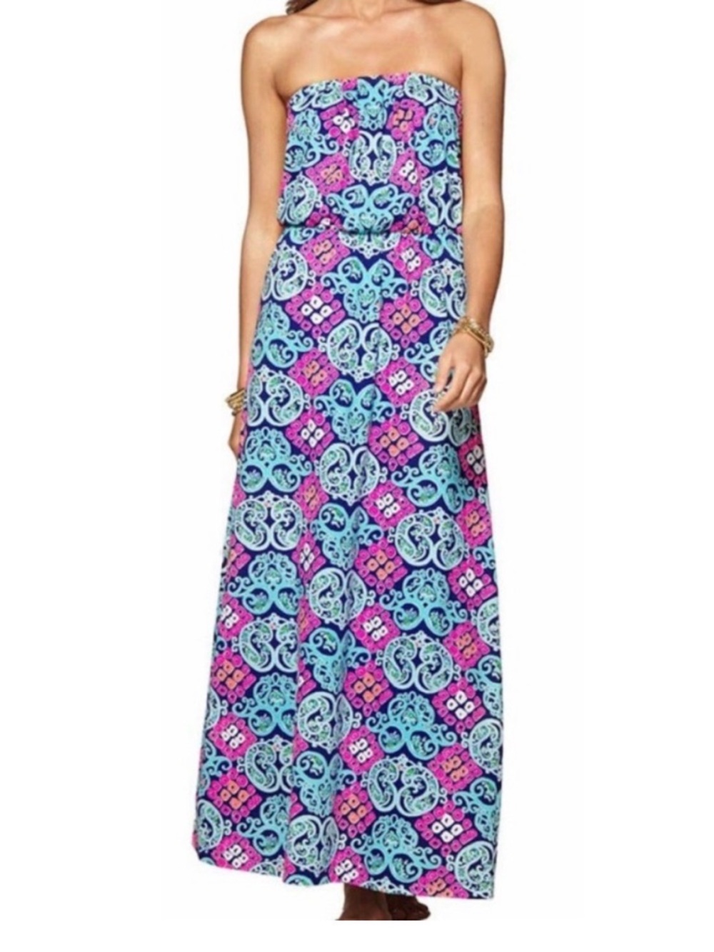 Lilly Pulitzer Strapless Maxi Dress in Navy, Aqua & Pink